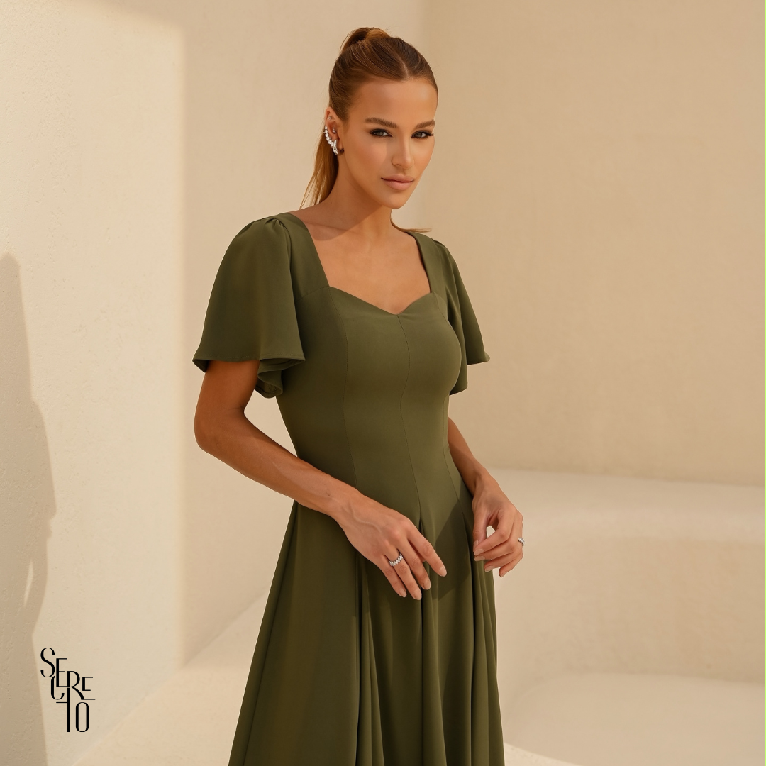 Vestido Longo Manga Sino Julia Verde Oliva