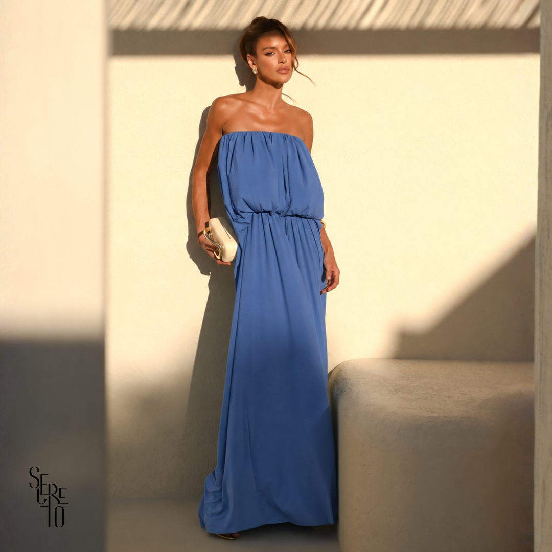Vestido Longo Blusê Drapeado Hellena Azul Ocean