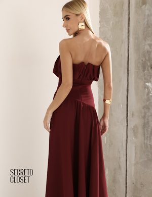 Vestido Longo Busto Pregas Mari Vinho