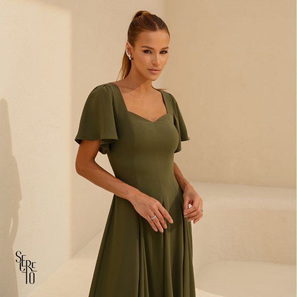 Vestido Longo Manga Sino Julia Verde Oliva