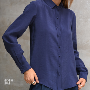 Camisa Punho Pregas Ayumi Azul Marinho