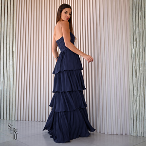 Vestido Longo TQC Plissado Camadas Lilla Azul Noite