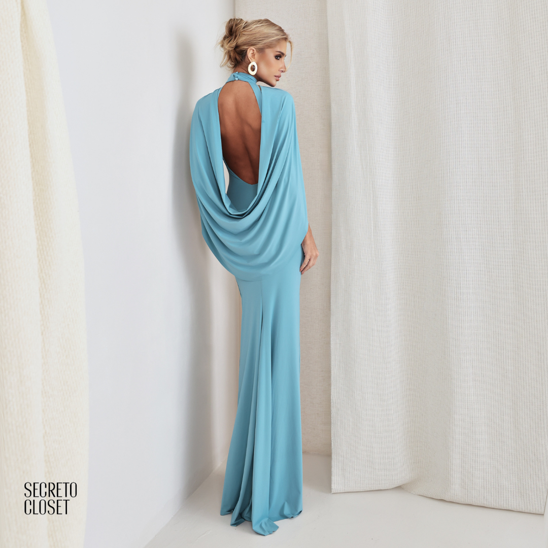 Vestido Longo Capa Chloe Azul Sky