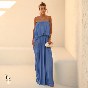 Vestido Longo Blusê Drapeado Hellena Azul Ocean