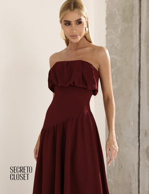 Vestido Longo Busto Pregas Mari Vinho