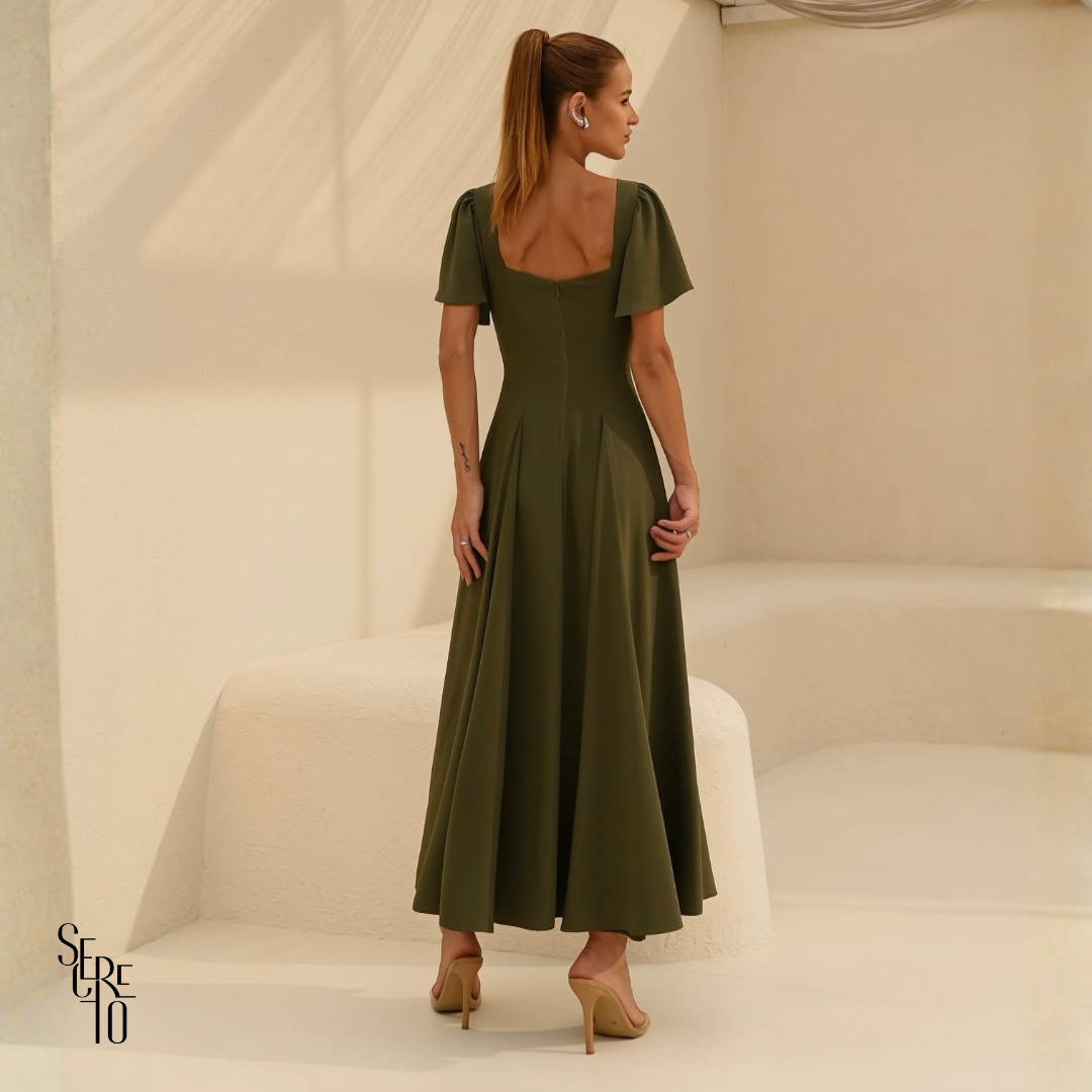 Vestido Longo Manga Sino Julia Verde Oliva