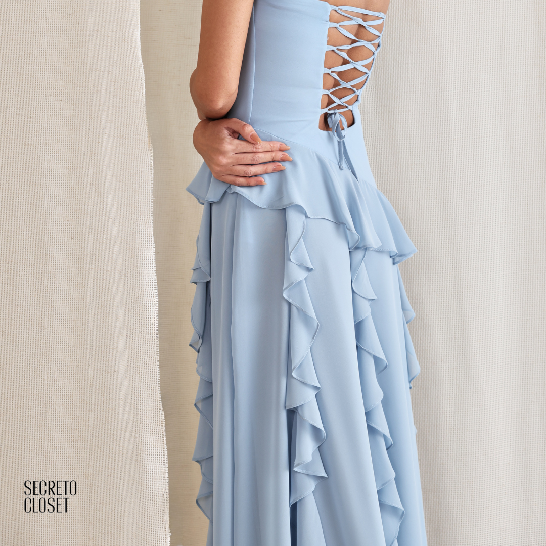 Vestido Longo Babados Eleonore Azul Serenity