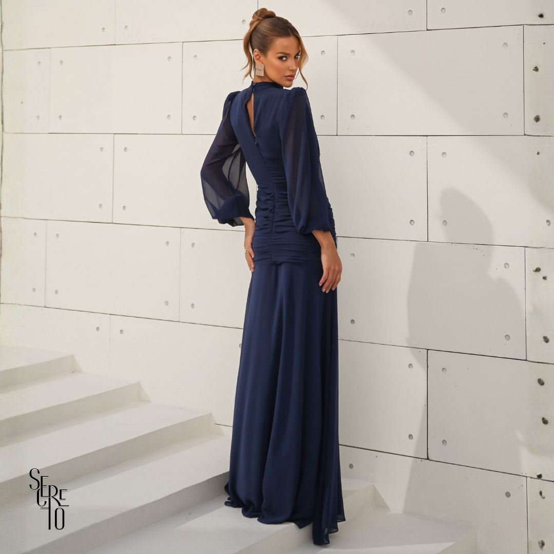 Vestido Longo Pala Franzida Calrisse Azul Marinho