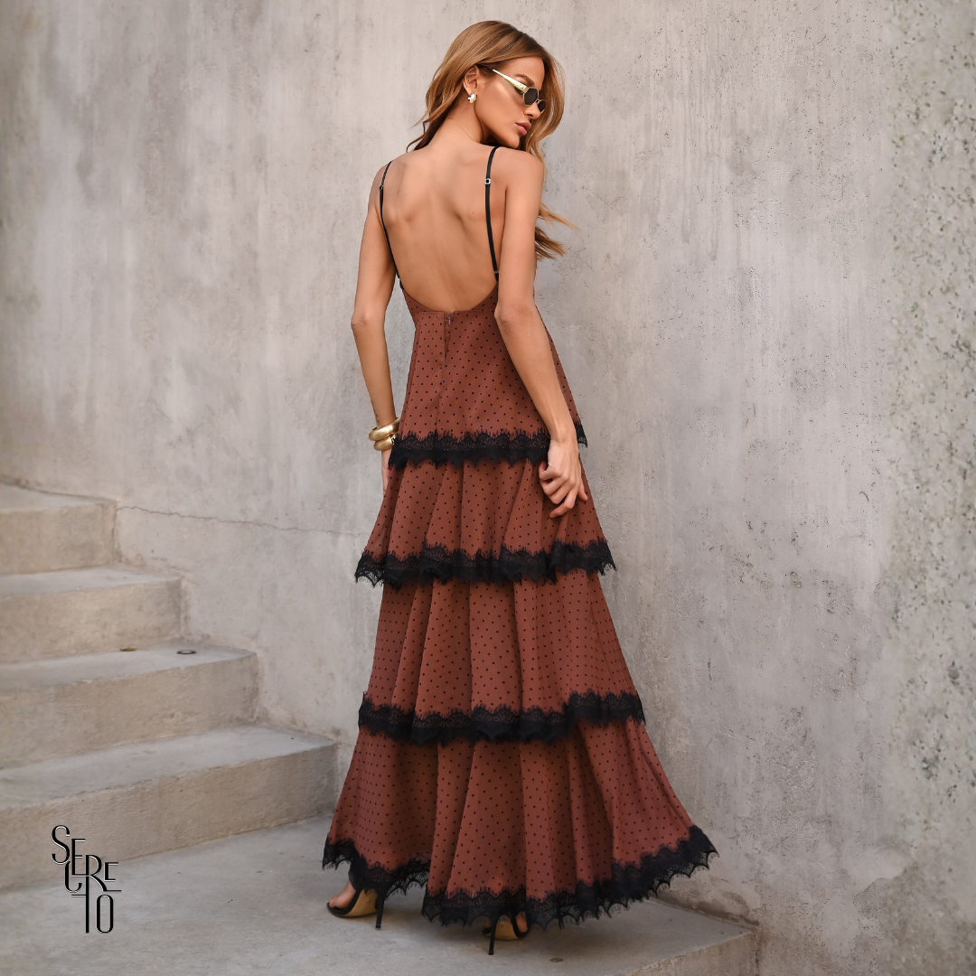 Vestido Longo Poé Renda Lolla Marrom