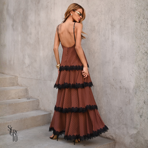 Vestido Longo Poé Renda Lolla Marrom