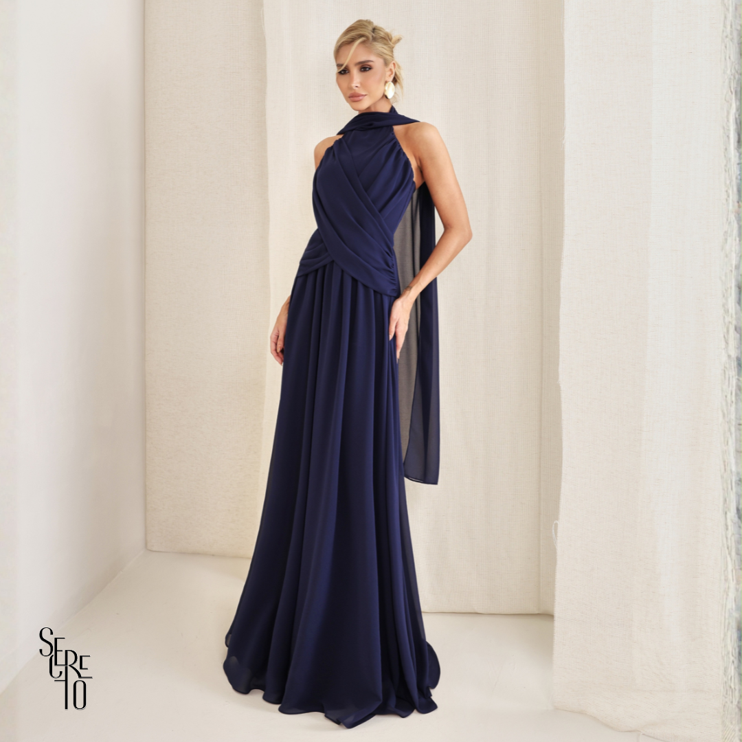 Vestido Longo Cruzado Capa Ottavia Azul Marinho