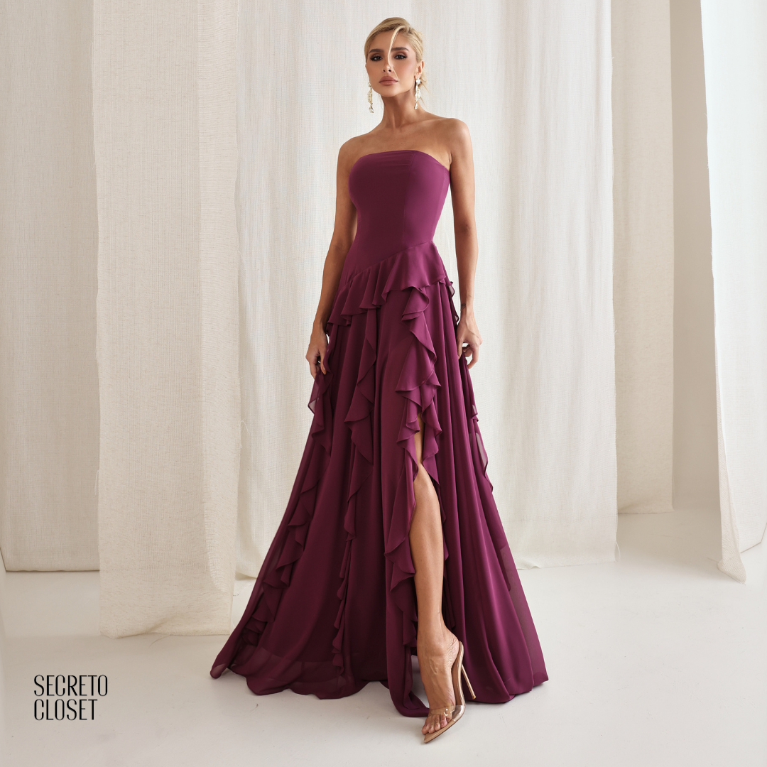 Vestido Longo Babados Eleonore Fucsia