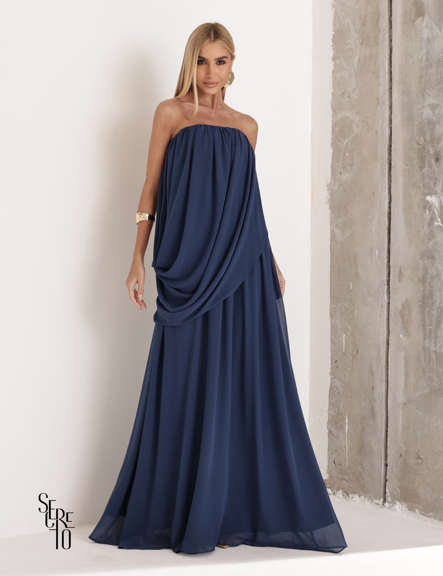 Vestido Longo Drapeado Fabiana Azul Indigo