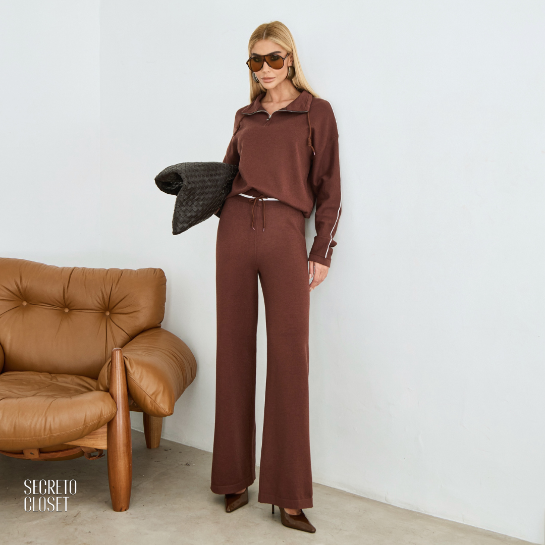 Conjunto Blusa e Calça Tricô Scarlett Marrom