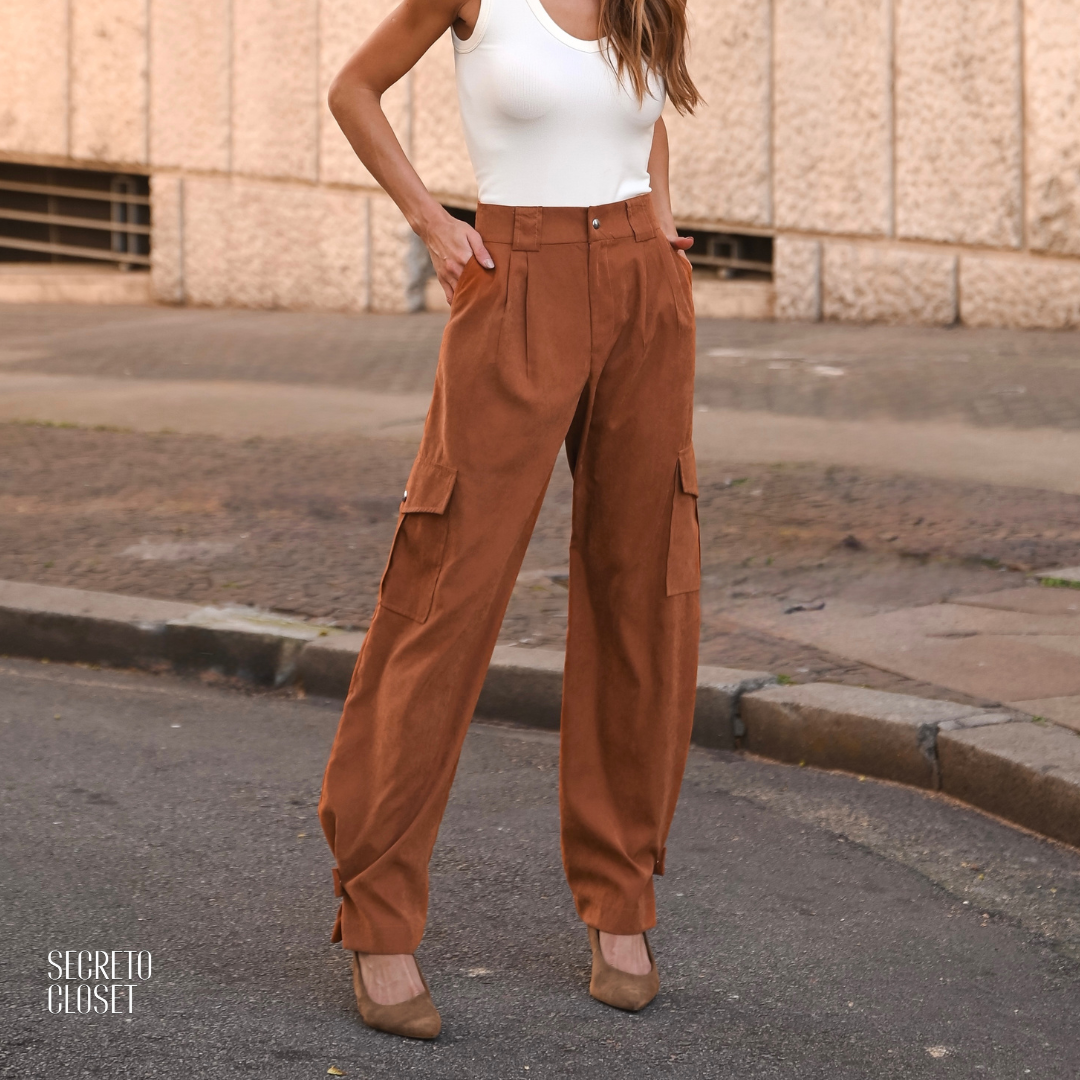 Calça Cargo Cupro Helene Caramelo