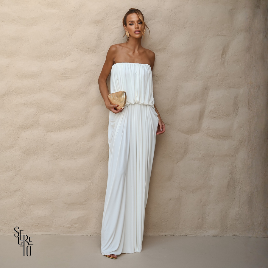 Vestido Longo Blusê Drapeado Hellena Branco