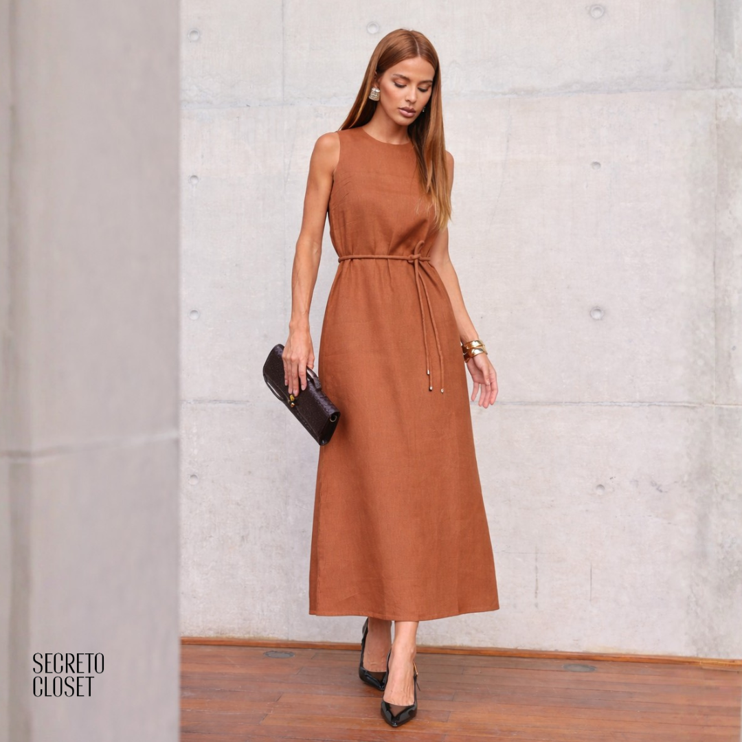 Vestido Midi Linho Cyntia Marrom