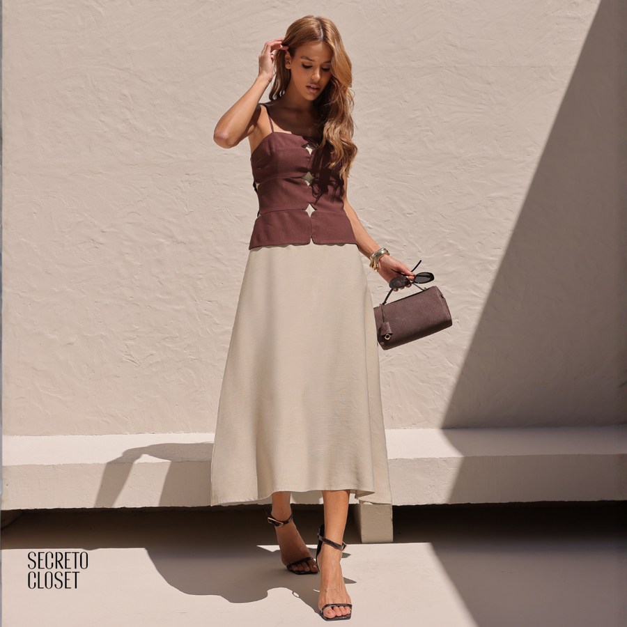 Vestido Midi Bicolor Vanessa Marrom