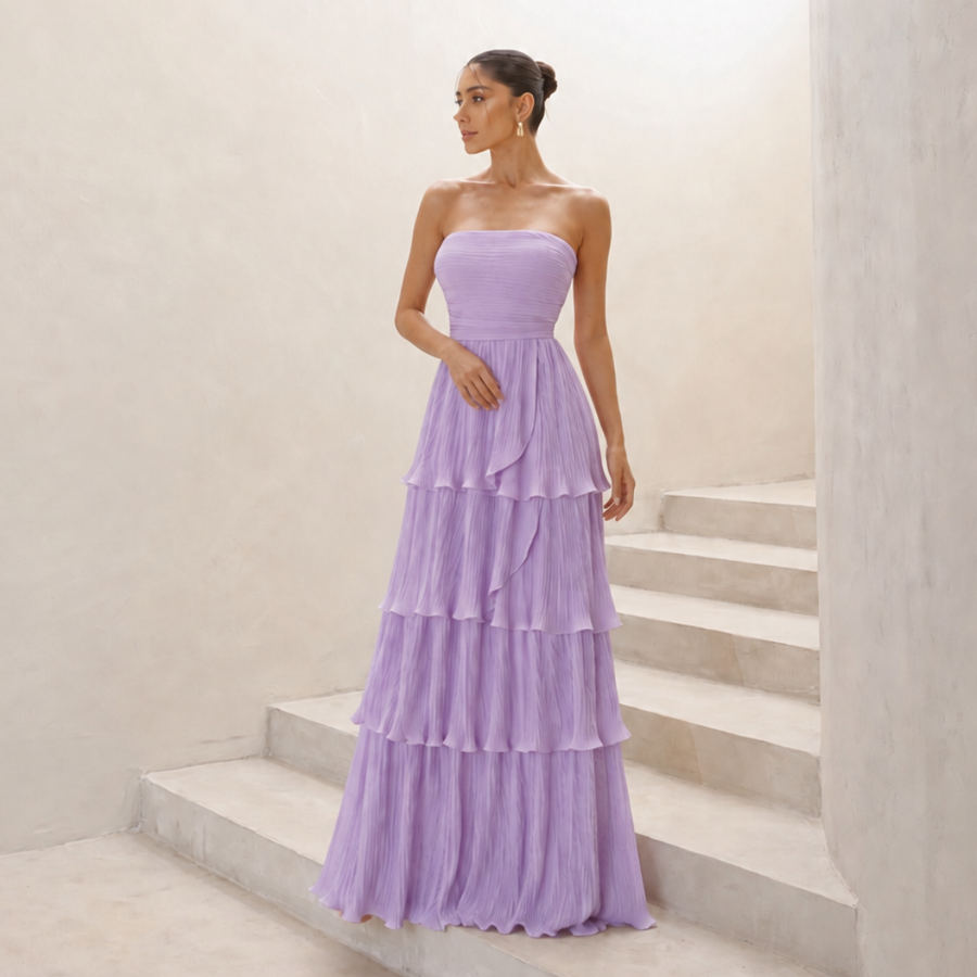 Vestido Longo TQC Plissado Camadas Lilla Lilás