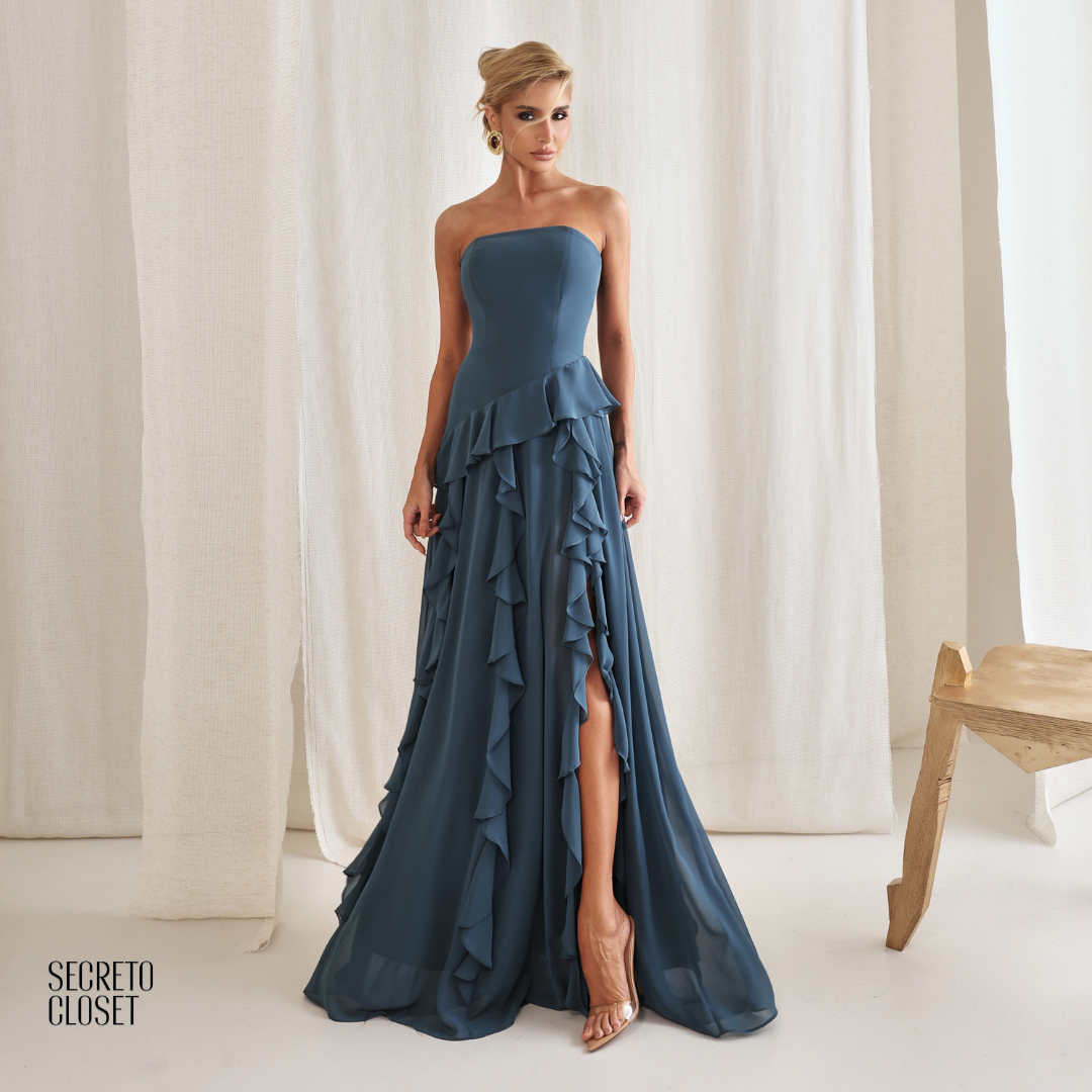 Vestido Longo Babados Eleonore Azul Garrafa