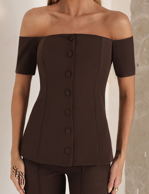 Conjunto Blusa Ombro e Calça Alfaiataria Anya Café