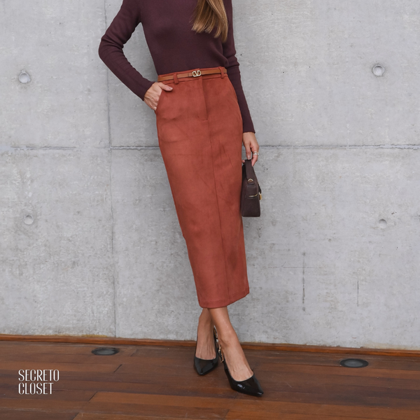 Saia Lápis Suede Valentina Camel