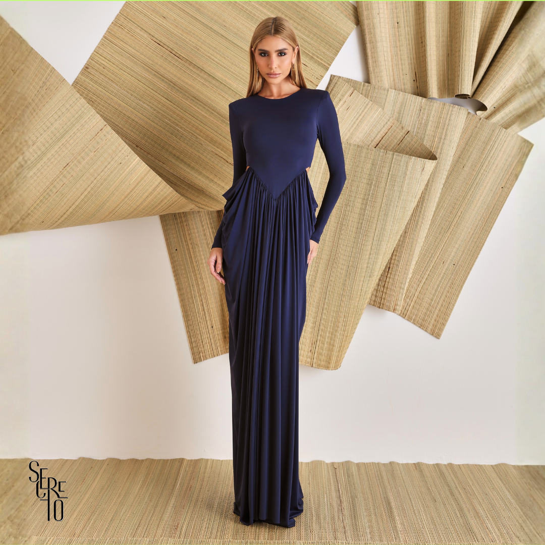 Vestido Longo Manga Longa Jessica Azul Noite