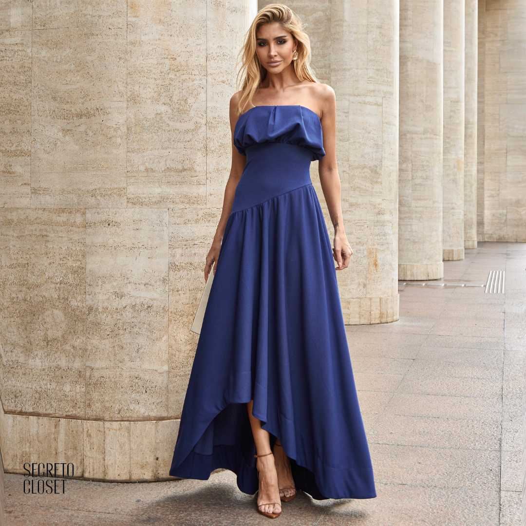 Vestido Longo Busto Pregas Mari Azul