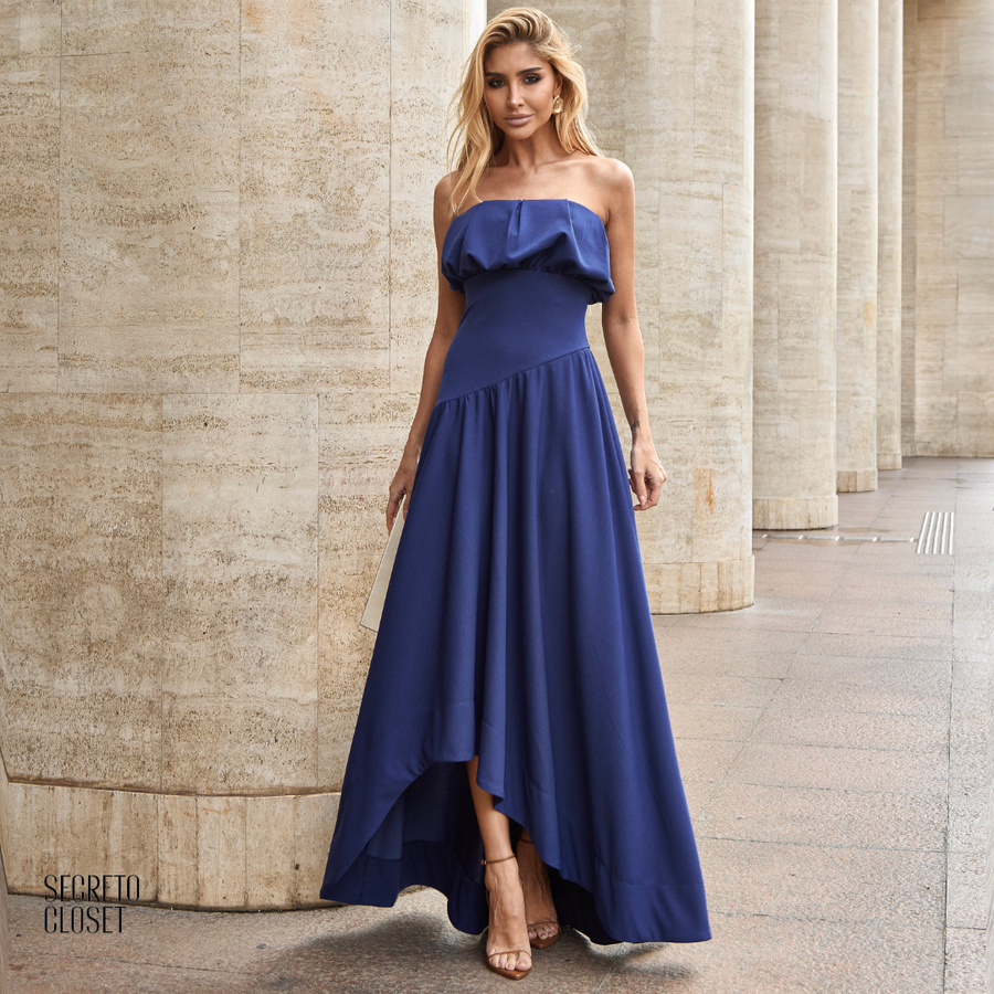 Vestido Longo Busto Pregas Mari Azul