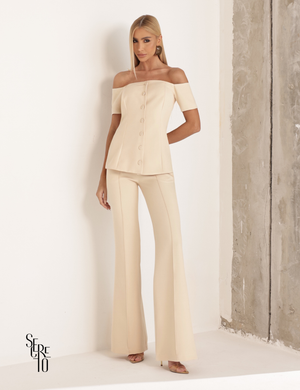 Conjunto Blusa Ombro e Calça Alfaiataria Anya Areia