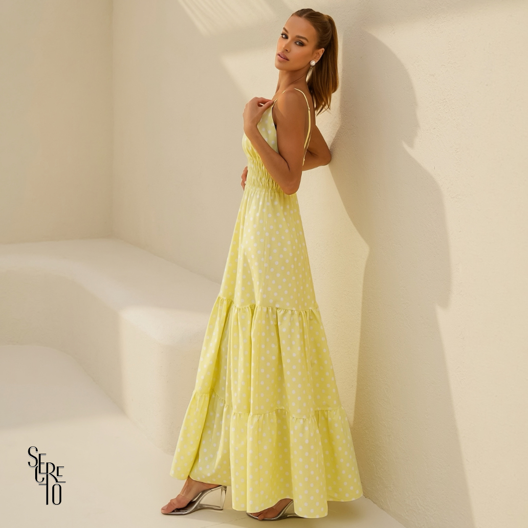 Vestido Longo Poá Fabricia Amarelo