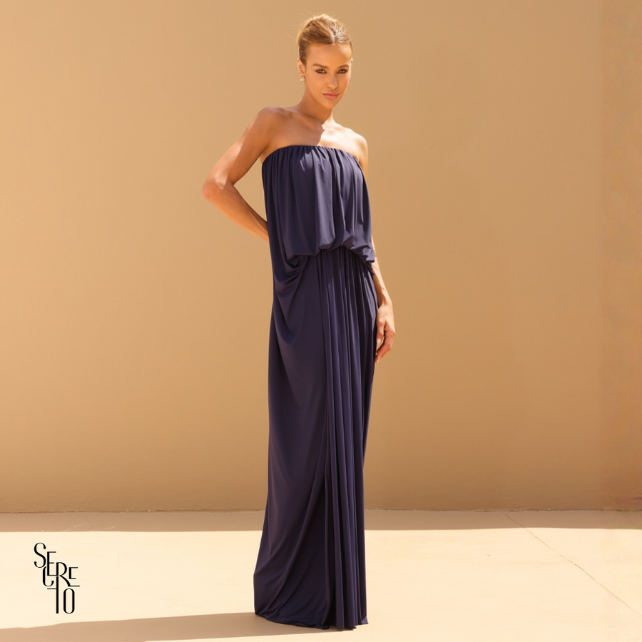 Vestido Longo Blusê Drapeado Hellena Azul Marinho