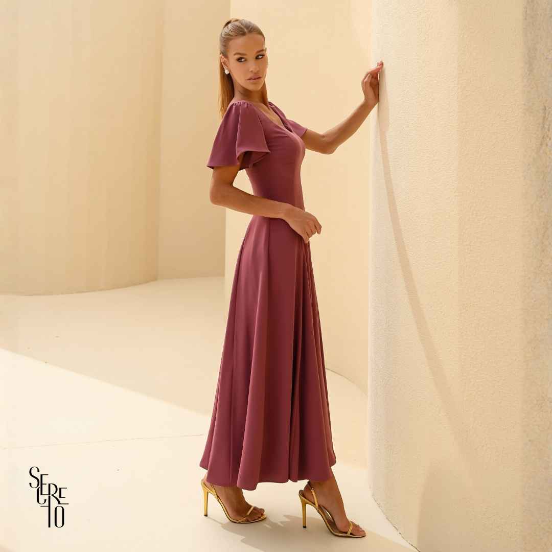 Vestido Longo Manga Sino Julia Rosa Seco