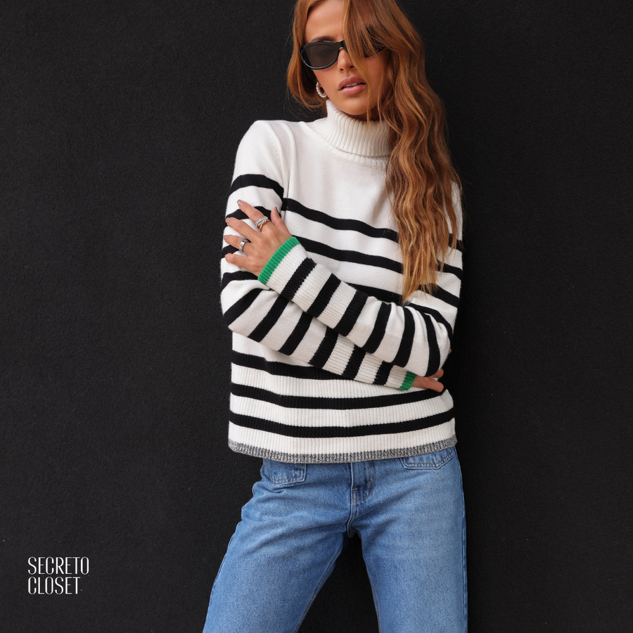 Blusa Listrada Gola Alta Fabiana Off White