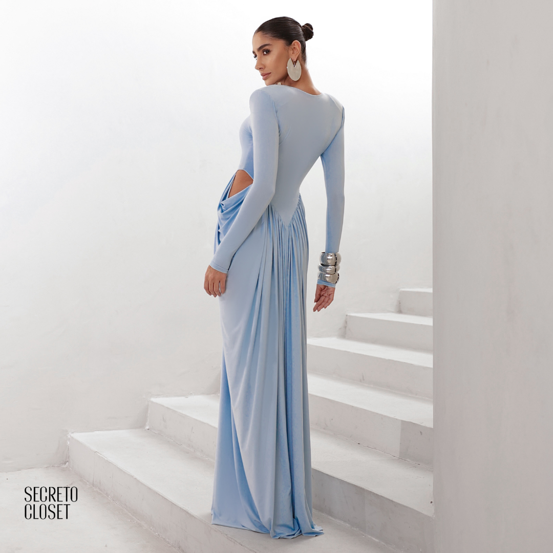 Vestido Longo Manga Longa Jessica Azul Serenity