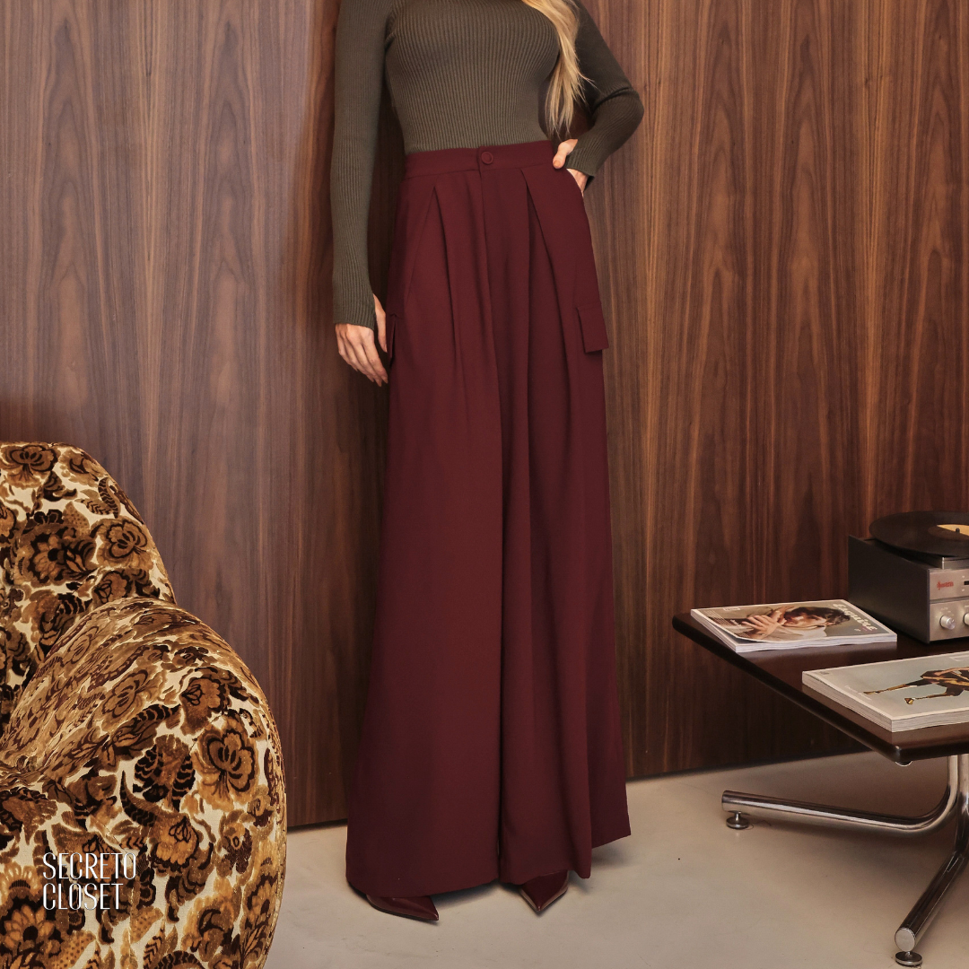 Calça Pregas Frontal Evie Marsala
