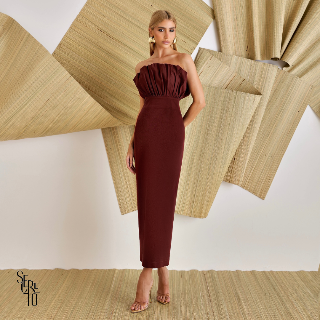 Vestido Tubinho Busto Leque Nina Vinho