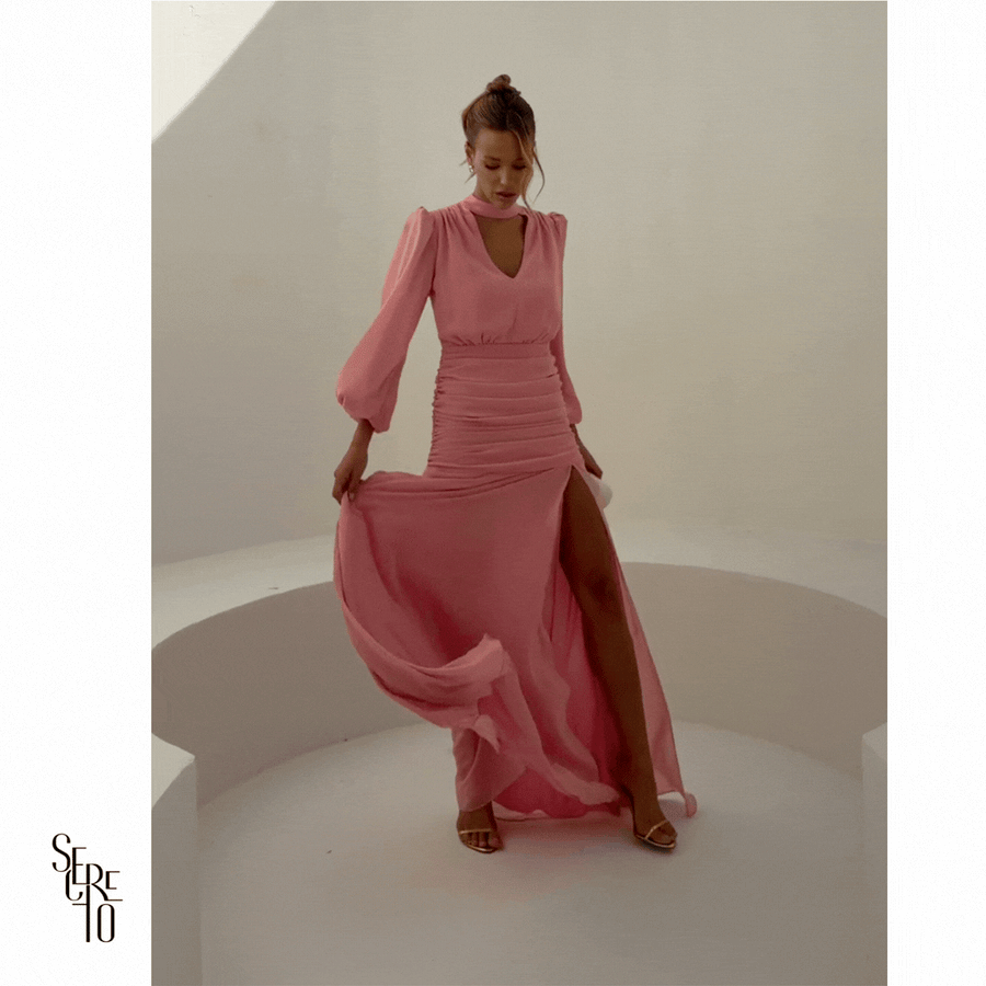 Vestido Longo Pala Franzida Calrisse Rosa