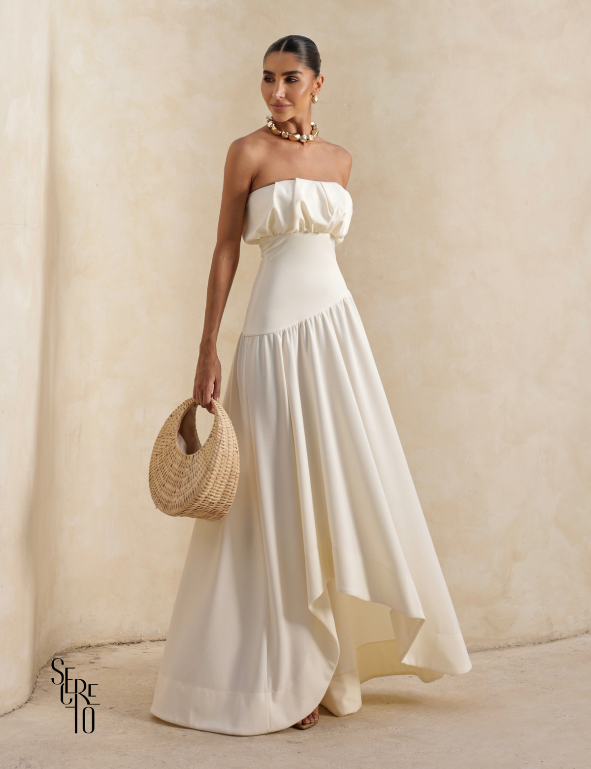 Vestido Longo Busto Pregas Mari Off White