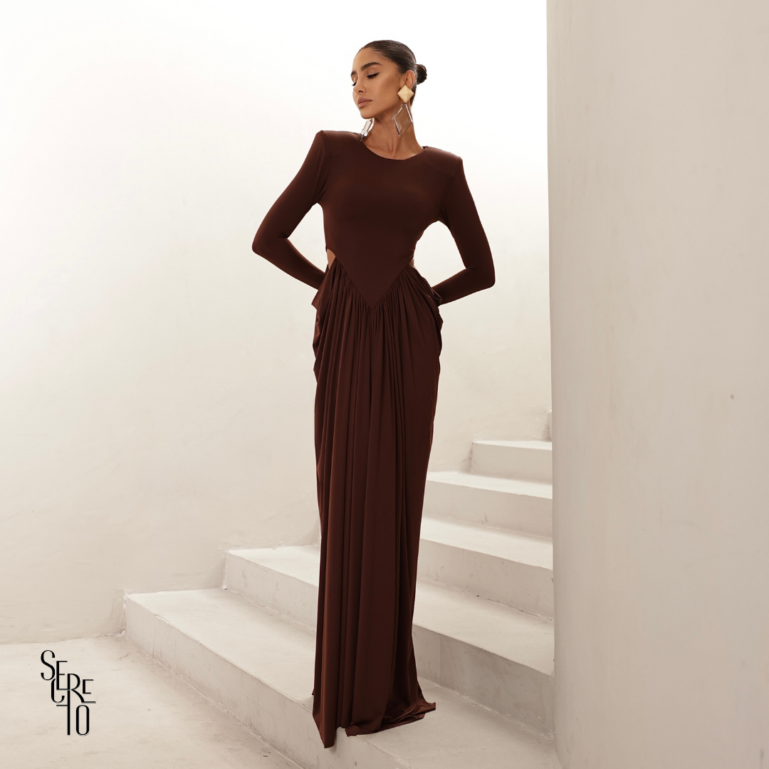 Vestido Longo Manga Longa Jessica Marrom