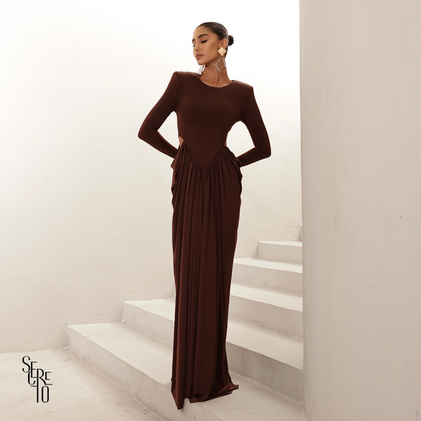 Vestido Longo Manga Longa Jessica Marrom