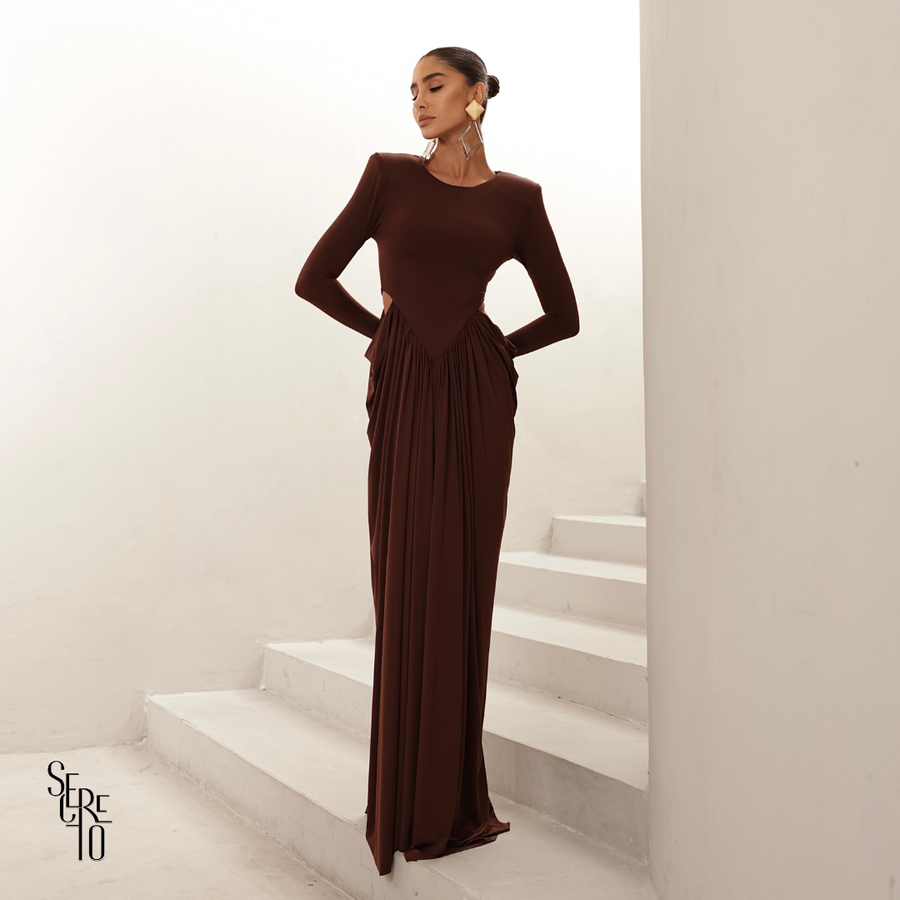 Vestido Longo Manga Longa Jessica Marrom