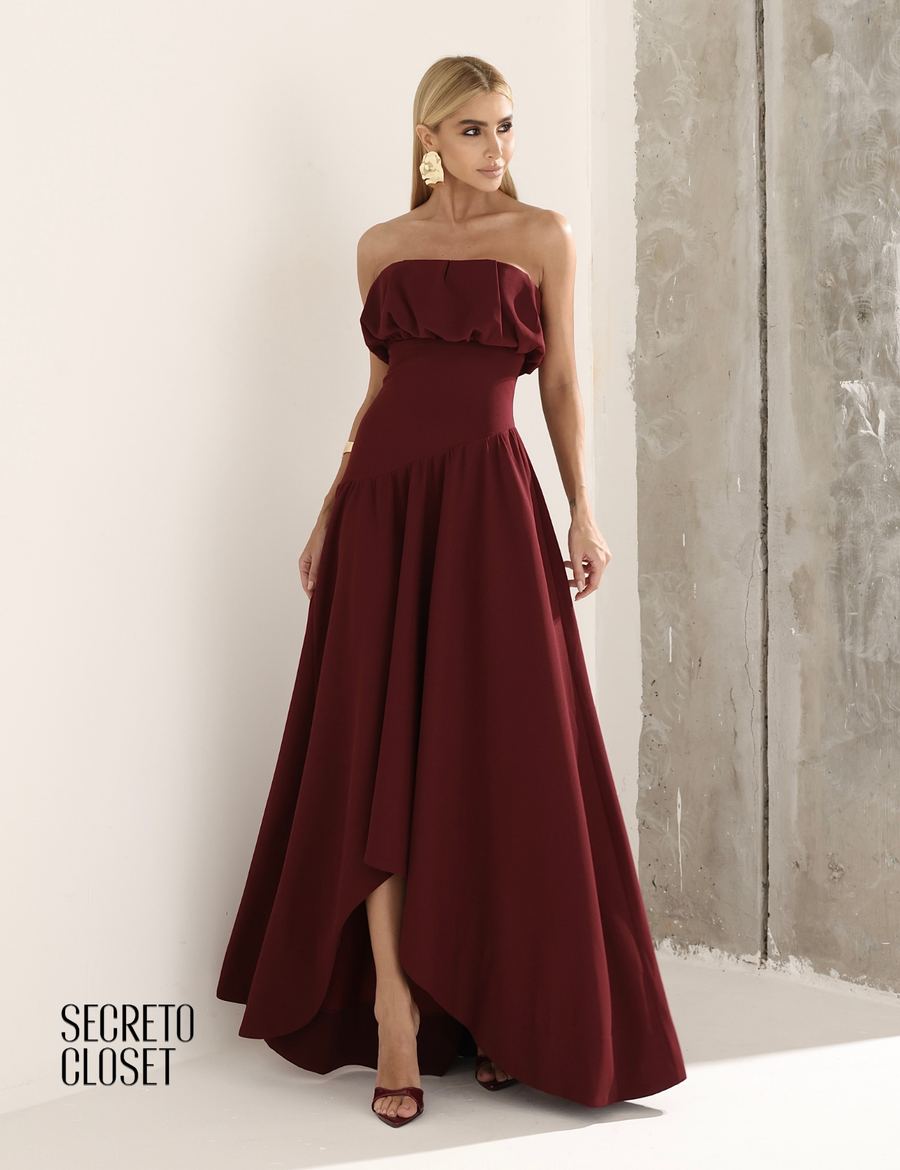 Vestido Longo Busto Pregas Mari Vinho