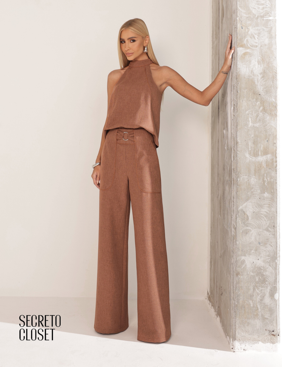 Conjunto Blusa e Calça Viés Dana Camel