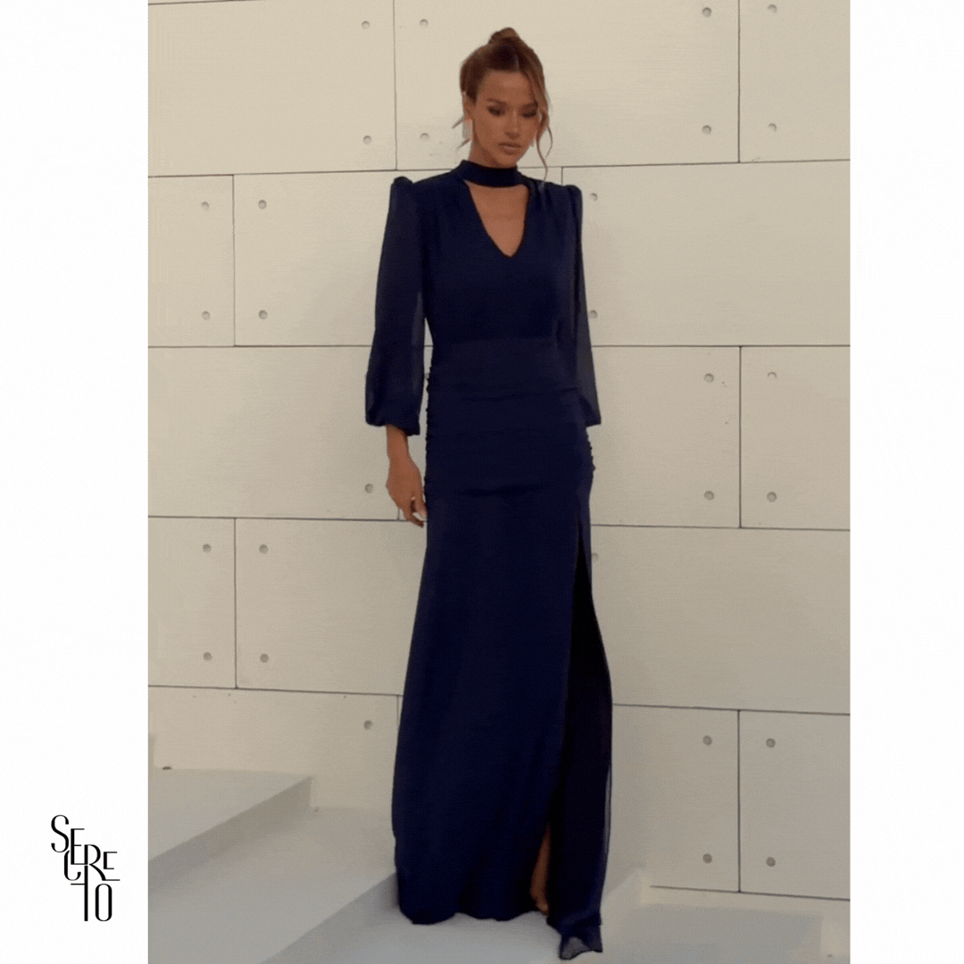 Vestido Longo Pala Franzida Calrisse Azul Marinho