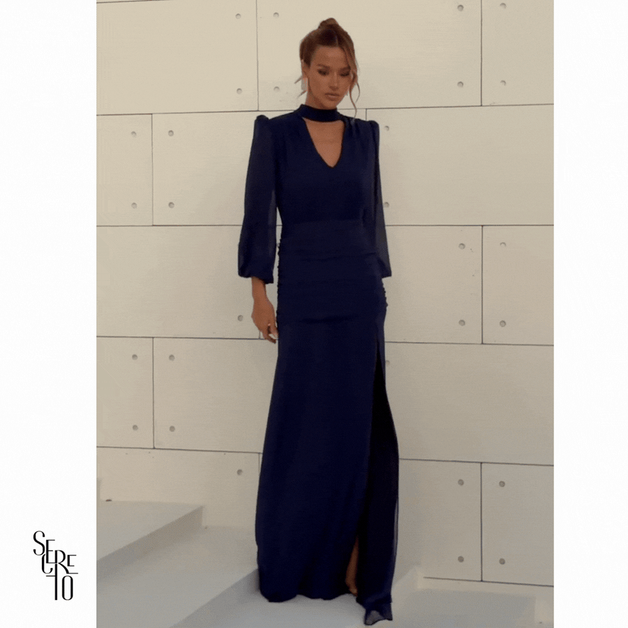 Vestido Longo Pala Franzida Calrisse Azul Marinho