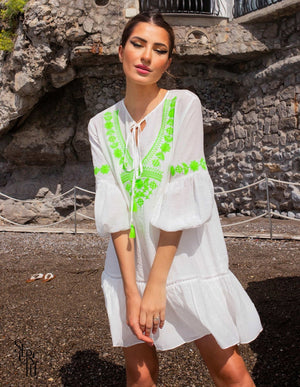 Vestido Bata Federica Bordado Verde Neon