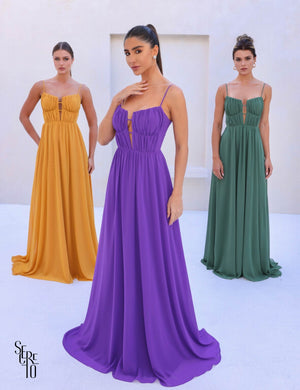 Vestido Longo Joice Busto Franzido Mostarda