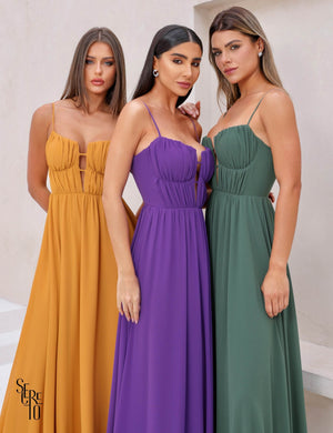 Vestido Longo Joice Busto Franzido Mostarda