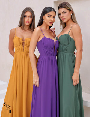 Vestido Longo Joice Busto Franzido Mostarda